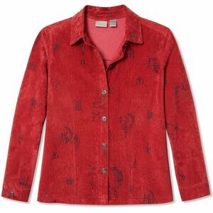 Chico’s Perforated Leather Jacket Shacket Red Print Button Front Women 1